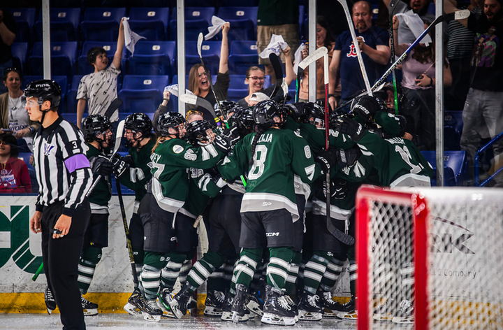 The entire PWHL Boston celebrates with a group hug in the corner. They're wearing green home uniforms.