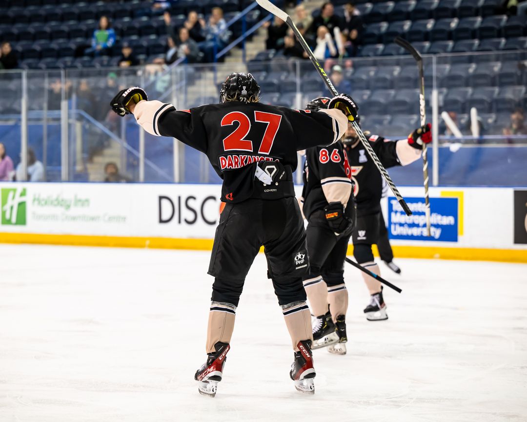 Shiann Darkangelo celebrates a goal at the Mattamy Athletic Centre