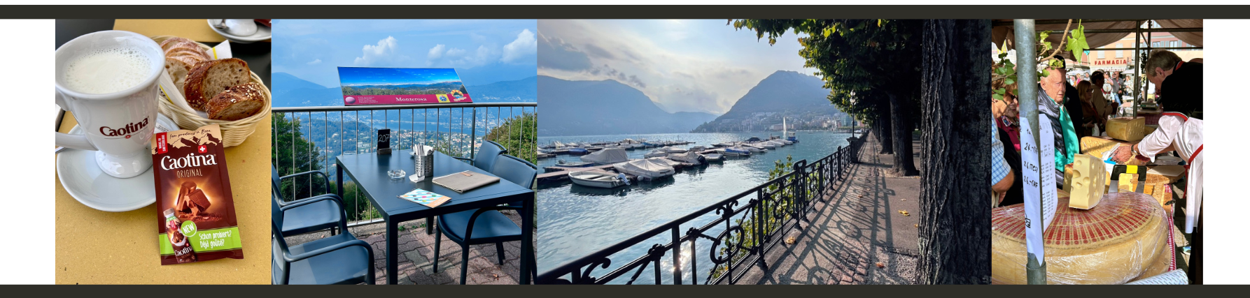 Collage of Lugano: swiss hot chocolate, lunch at the top of Monte San Salvatore, view of the lake, free cheese sample in the market