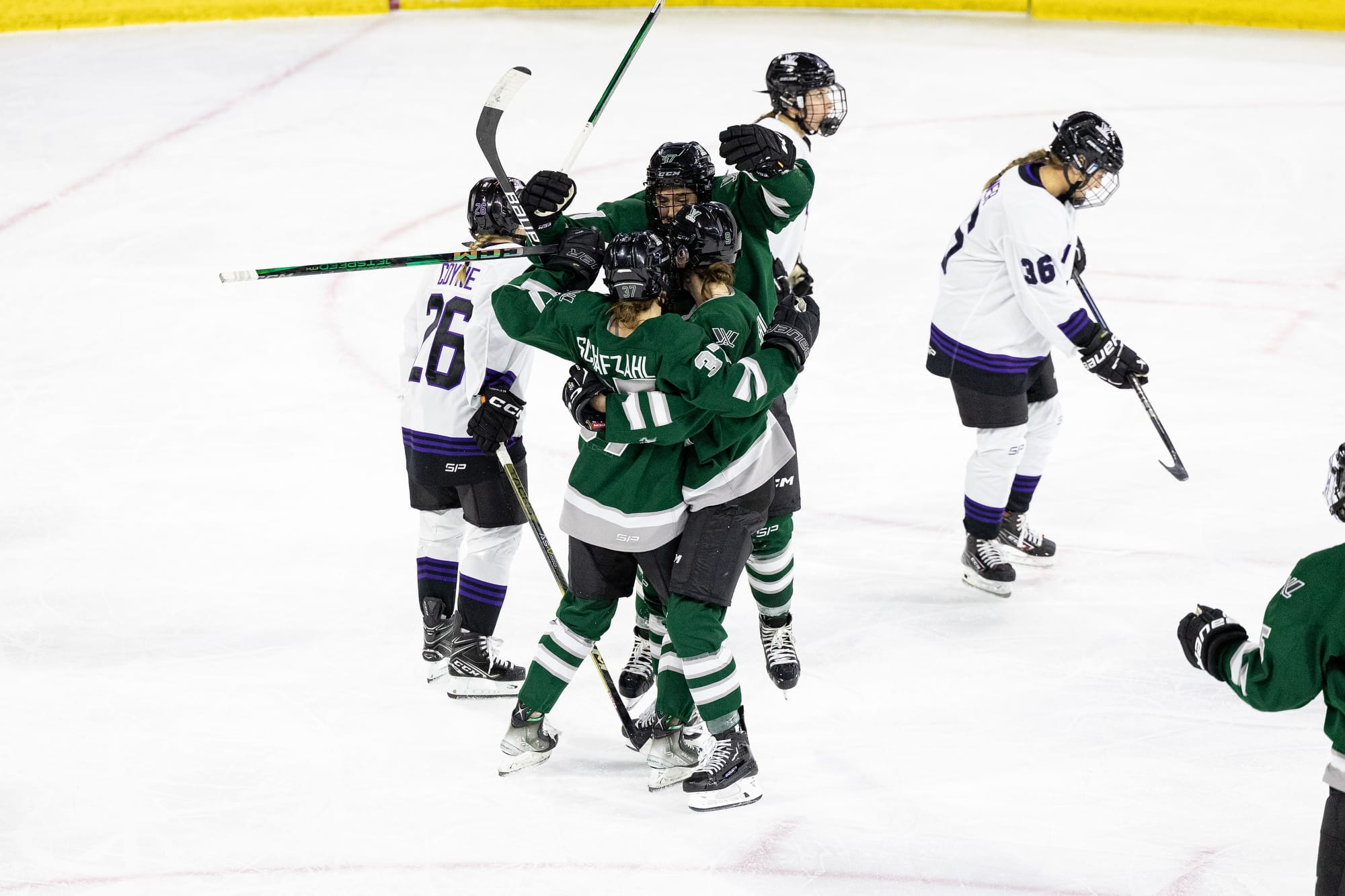 Members of PWHL Boston celebrate Theresa Schafzahl's goal in their green home uniforms.
