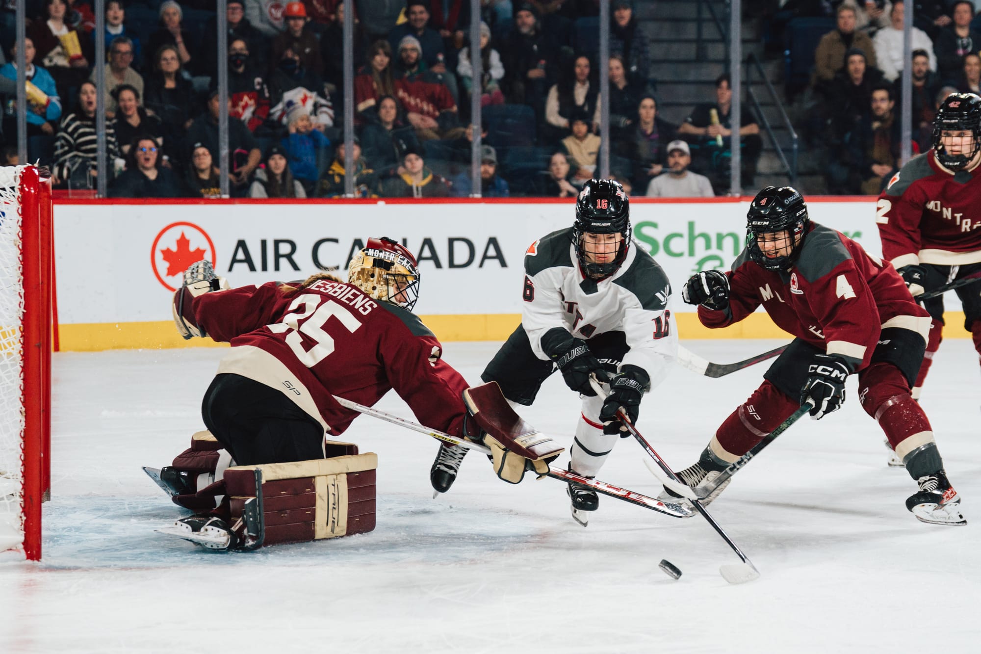 Ann Renée Desbiens, wearing a maroon home uniform and Montréal gear, goes for the poke check against an Ottawa player.