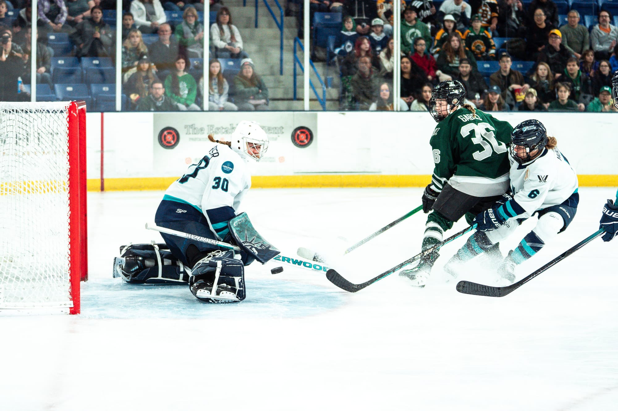 Corinne Schroeder, wearing a white uniform and mask and her Statue of Liberty themed pads, makes a save against Boston. 
