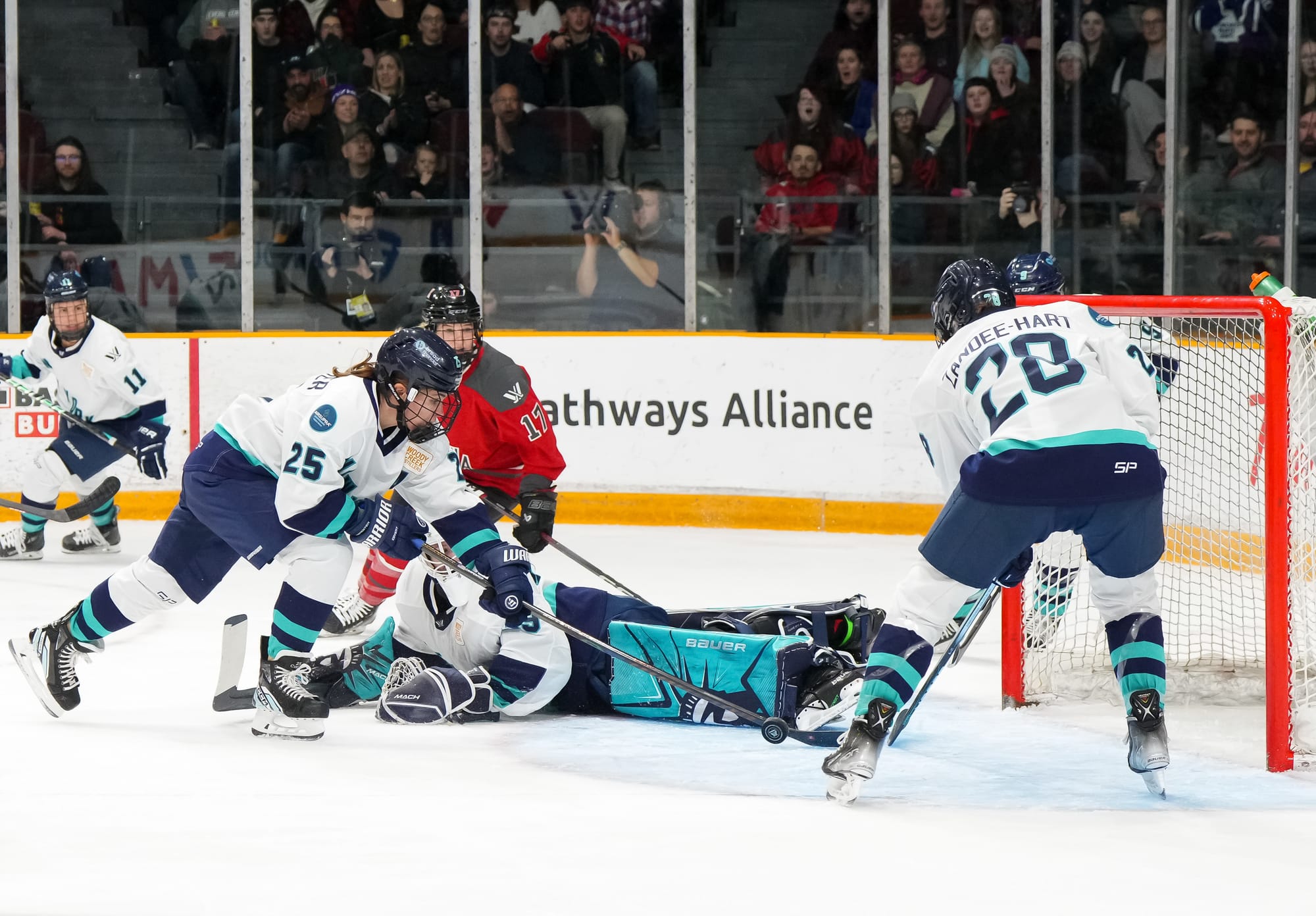 New York players scramble to prevent an Ottawa goal. Two players are trying to get the puck, while goaltender Corinne Schroder is down on her stomach. All are wearing white away uniforms, while Schroeder is also wearing a plain white mask and Statue of Liberty themed pads.