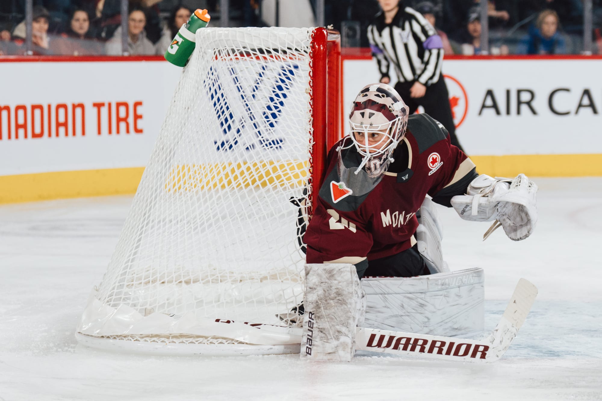 Elaine Chuli looks around her post to track the puck. She is wearing a maroon and cream Montréal mask, white pads, and a maroon home uniform.