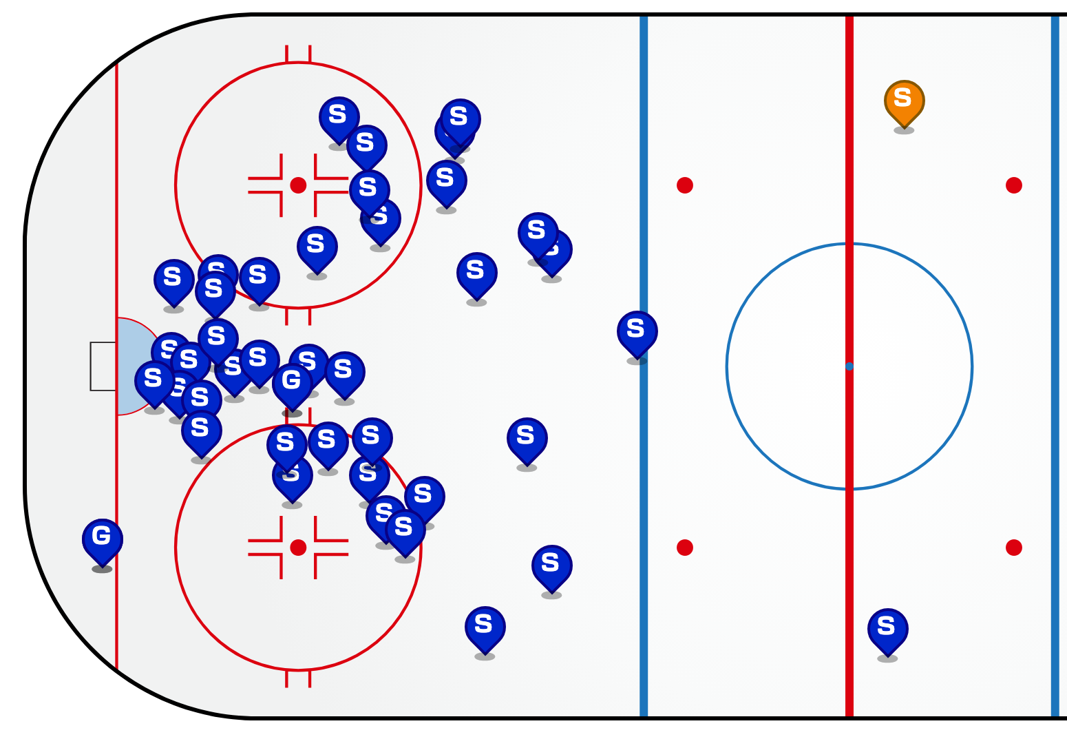 A graphic of an ice rink, showing one full end zone and the neutral zone. There are 45 blue dots representing Boston shots, with many of them around the front of the net.