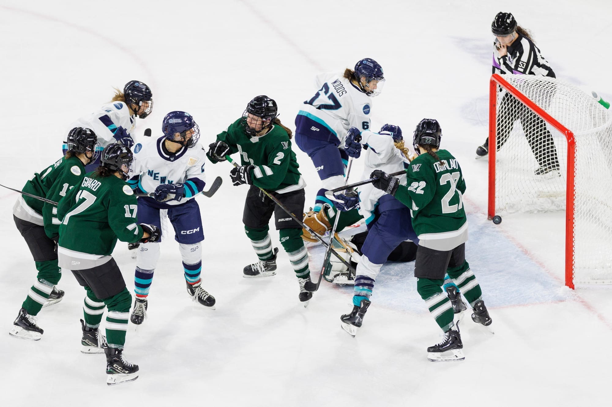 Chaos ensues in front of Aerin Frankel. The puck has just crossed the line for a NY goal while multiple players from each team battle out front. All you can see of Frankel is her glove. Boston is in green, while New York is in white.