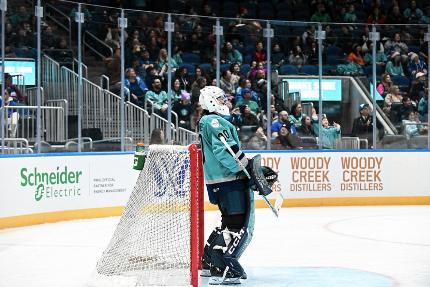 A side view of Schroeder, standing right in front of her net and watching the play. She is wearing a white mask, teal uniform, and her Statue of Liberty themed pads.