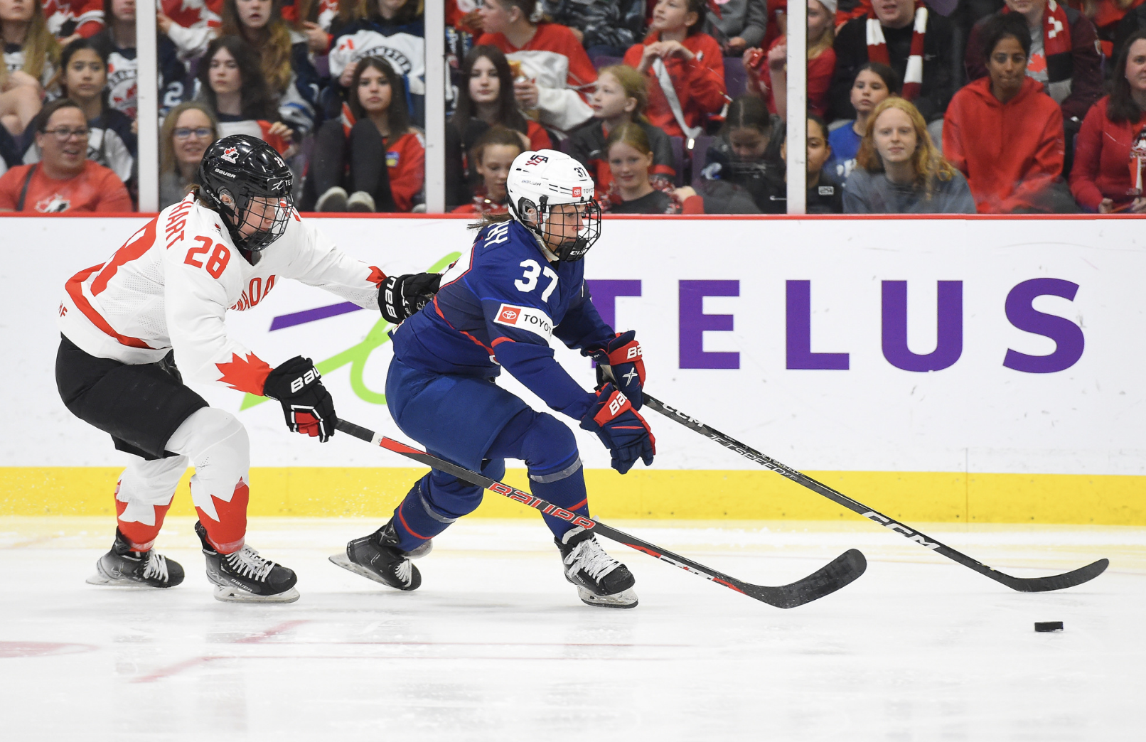 Murphy carries the puck while Zandee-Hart chases her. Both are skating hunched over with their sticks outstretched. Murphy is in navy blue, while Zandee-Hart is in white.