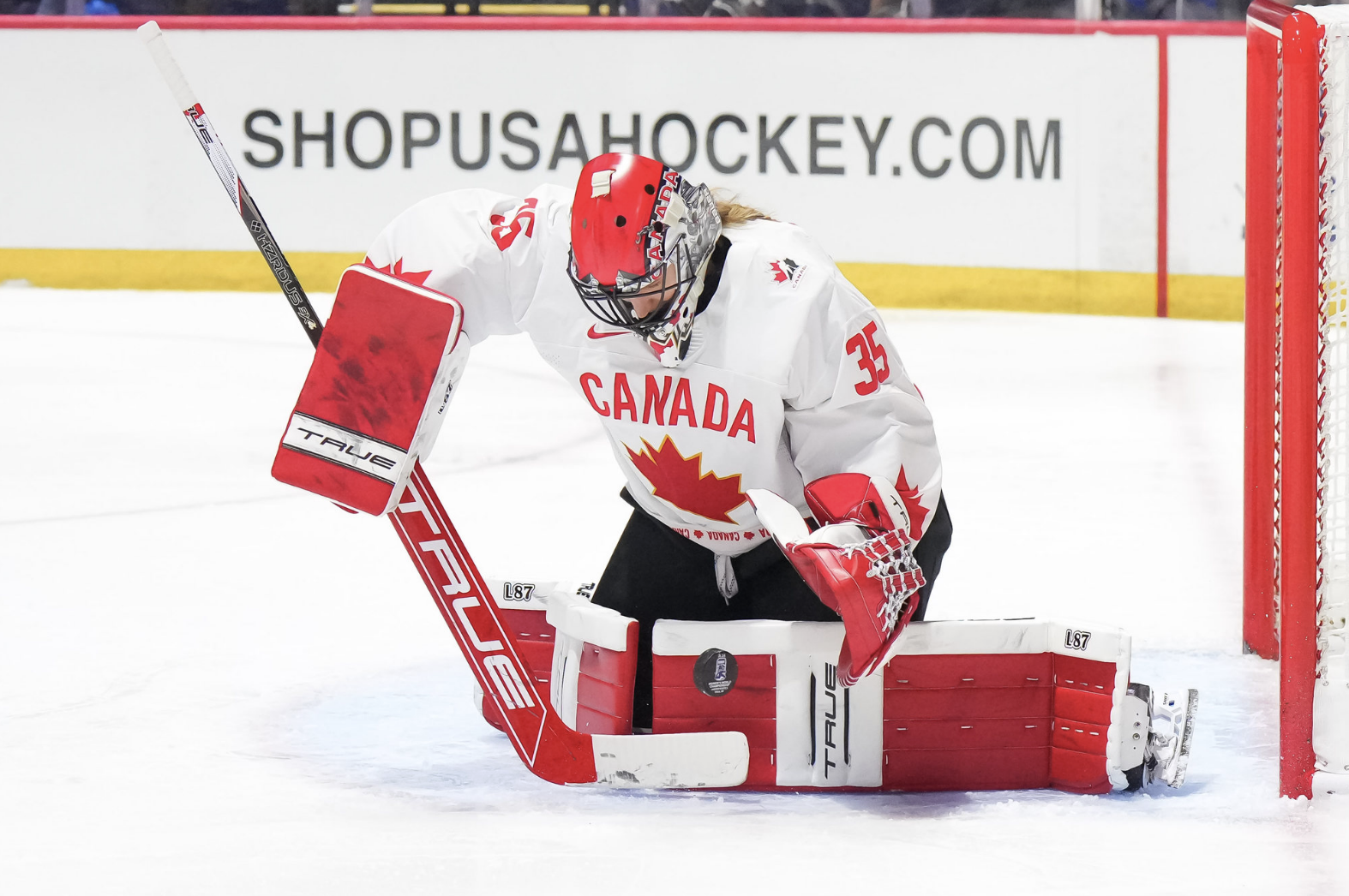 Ann-Renée Desbiens makes a save from the butterfly position. She is looking down at the puck, which is bouncing off her left pad. She is in a white uniform, and red and white Canada-themed goalie gear, including her mask.