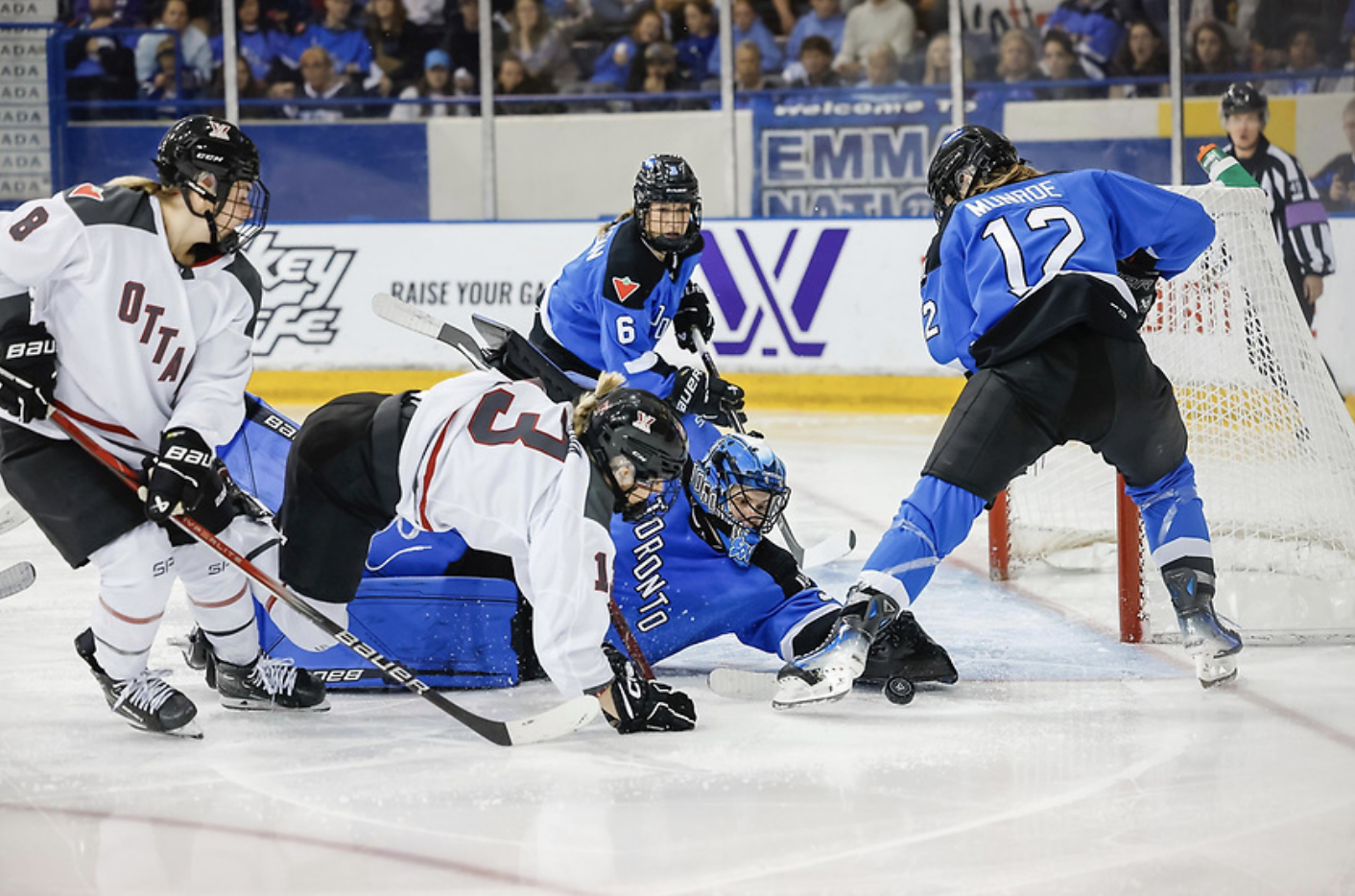 Vanišová falls over Campell while trying to score. Campbell is laying on the ice and making a save with the tip of her glove.  Vanišová is in white, while Campbell is in blue.
