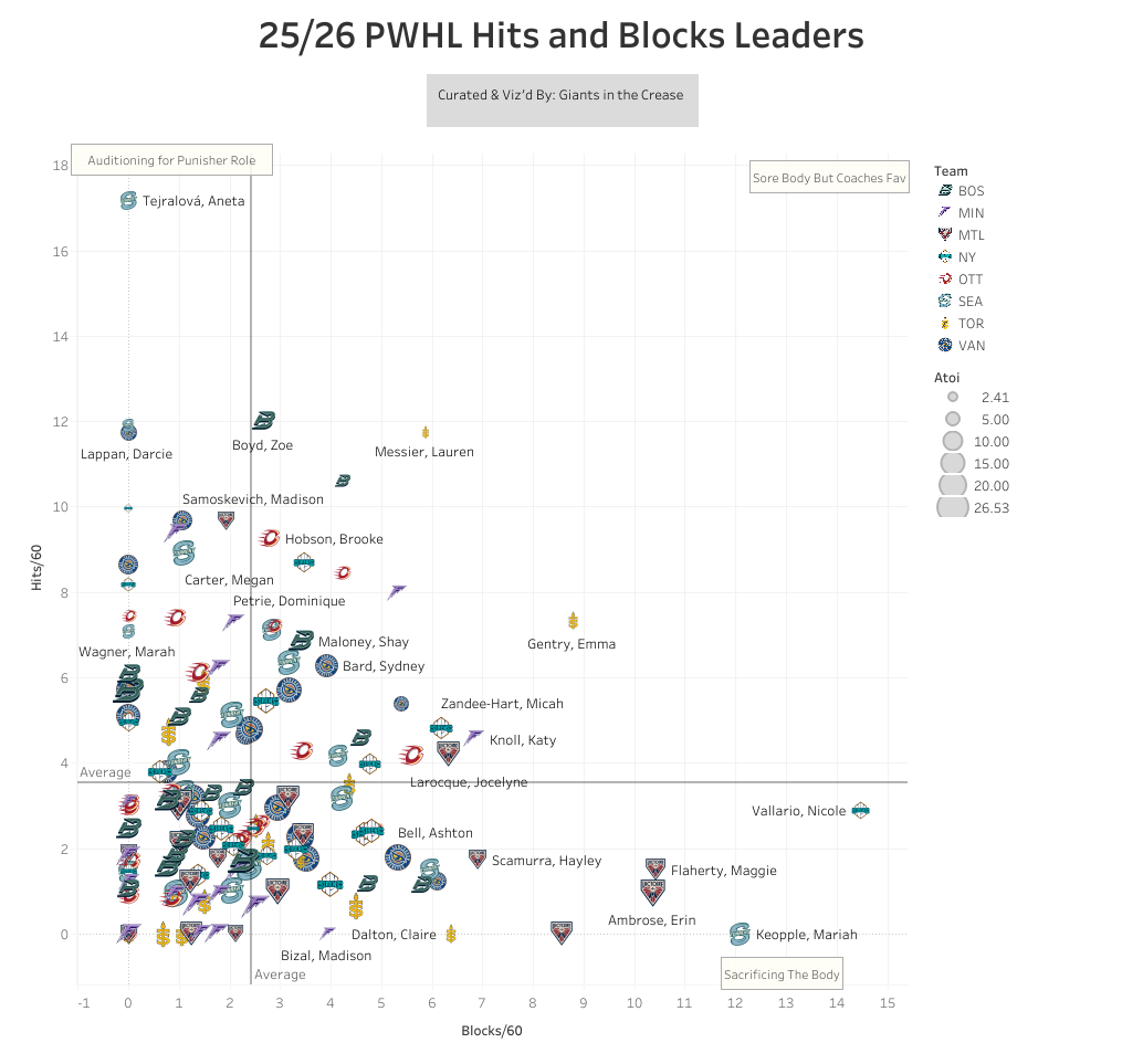 PWHL 25/26 season blocks and hits by players