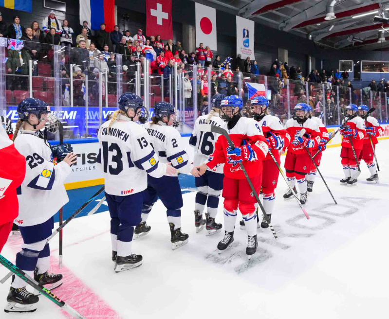 Finland shakes hands after a 6-0 quarterfinal loss to Czechia