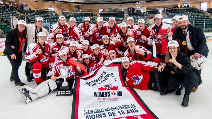 Ontario-Red posing with banner after winning U18 Nationals