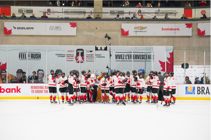 Team Canada looks on after defeat in 2023 WHC Gold Medal Game to the USA