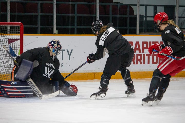 Skater Emily Clark makes a move on goaltender Rachel McQuigge