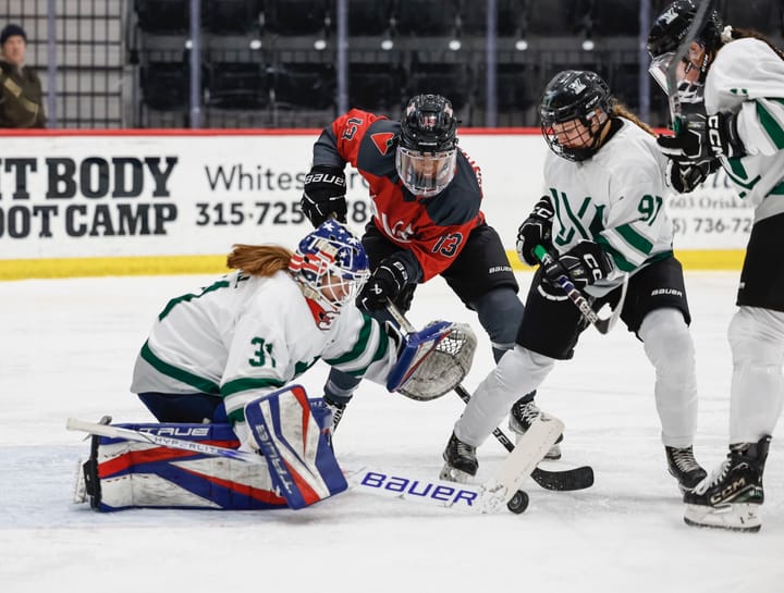 Aerin Frankel goes to cover a puck