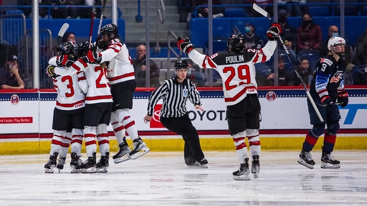Team Canada celebrates a goal against Team USA (Photo Cred: Hockey Canada)