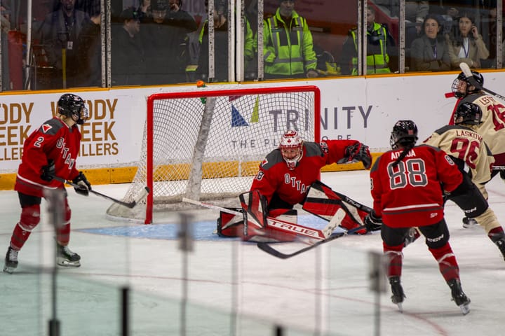 Emerance Maschmeyer makes a save in a game against PWHL Ottawa.