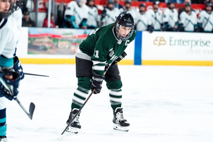 Hilary Knight, wearing a green home uniform, prepares for a faceoff during a game.