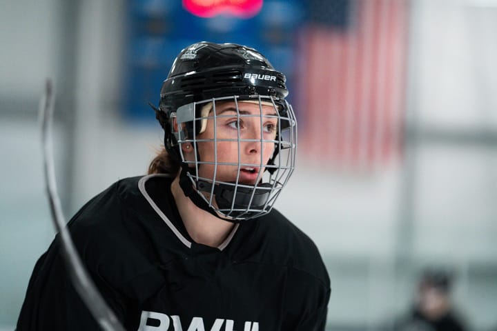 Close up of Hilary Knight in a black helmet and black jersey during a recent PWHL Boston practice
