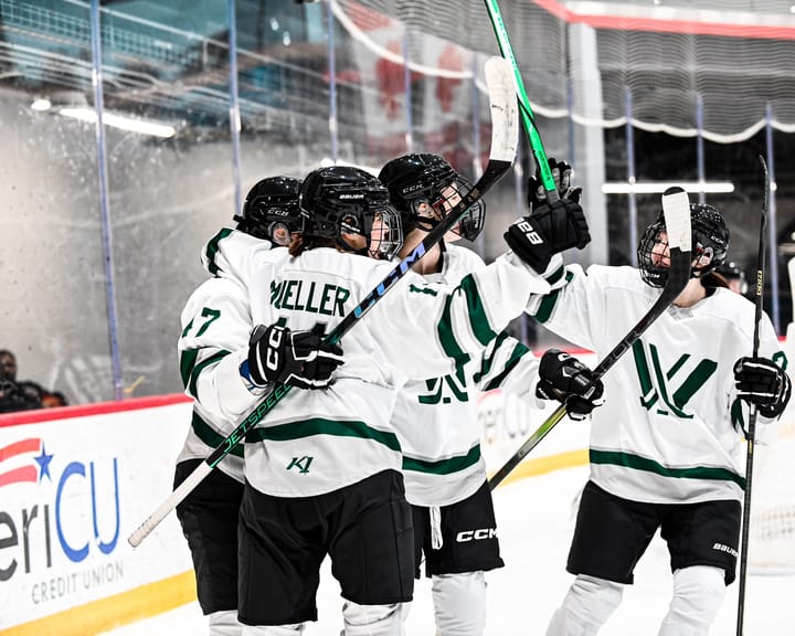 Members of PWHL Boston celebrate a goal during a pre-season game in Utica.