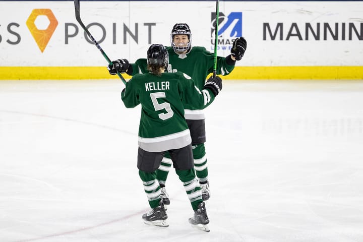 Megan Keller and Taylor Girard celebrate a goal during a previous game. Both players are wearing their green home uniforms.