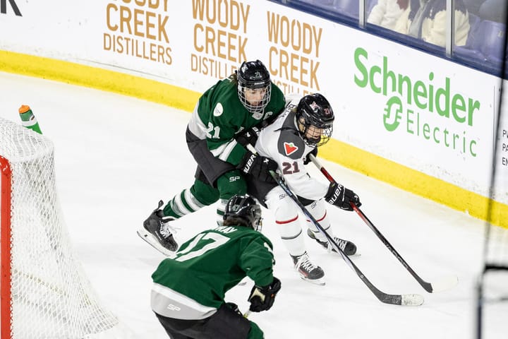 Hilary Knight, wearing her green home uniform, and Ashton Bell, wearing a white away uniform, battle over the puck.
