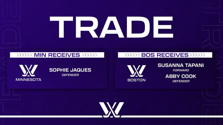 A purple PWHL trade graphic showing that Minnesota gets Jaques while Boston gets Tapani and Cook
