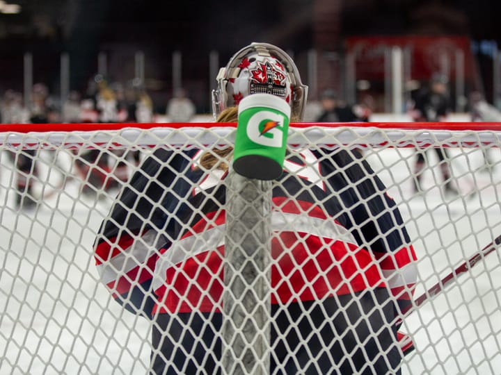 A goalie in a black jersey stands in their net.