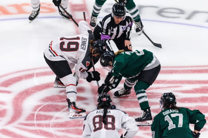 Hannah Brandt and Brianne Jenner at the face off draw in Detroit MI (Photo Cred: PWHL)