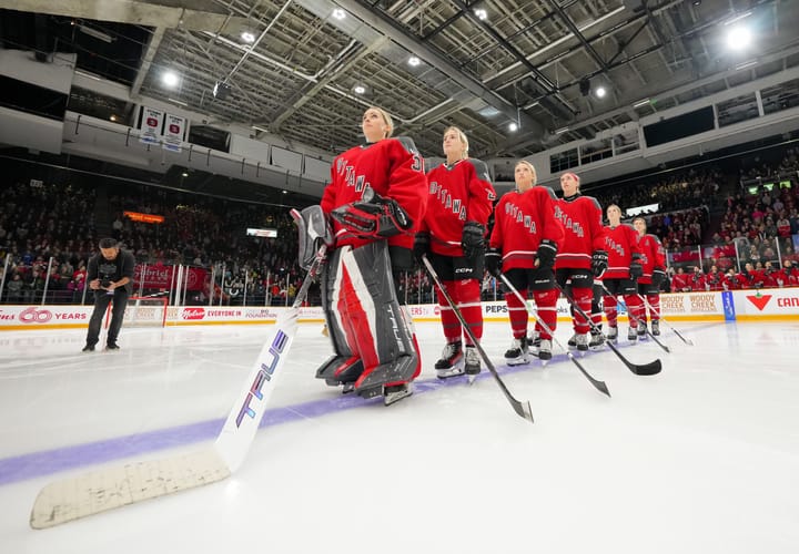 PWHL Ottawa lined up on the blue line