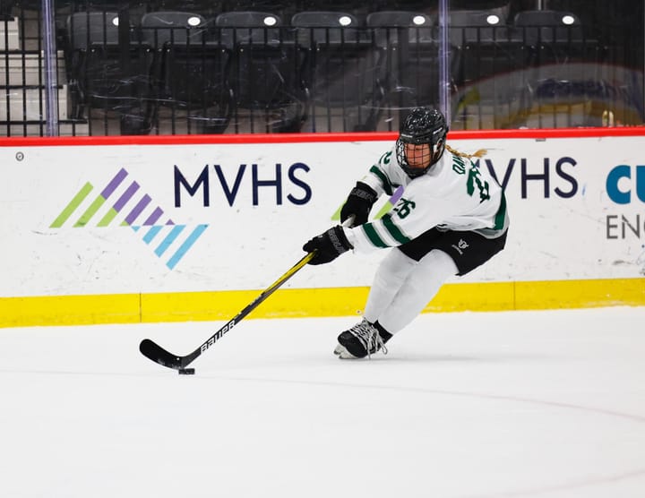 Davis skates with the puck in a PWHL Boston jersey at the pre-season evaluation camp.