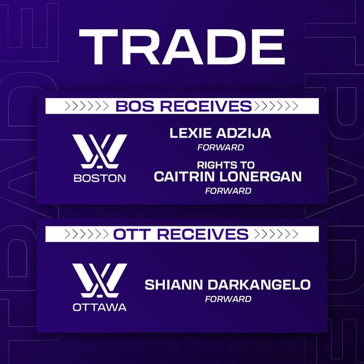 A graphic detailing that Boston recieved Adzija, Lonergan for Darkangelo. It is royal purple.