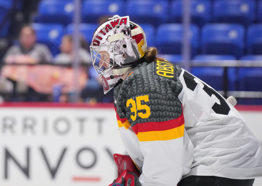 Sandra Abstreiter, goaltender, of Team Germany at the 2024 IIHF Women's World Championship.