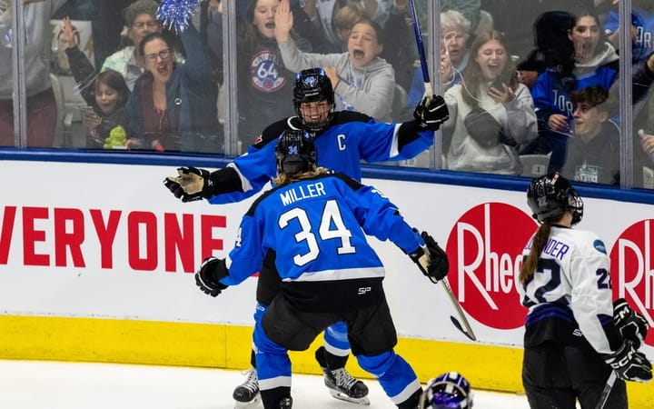 Blayre Turnbull celebrates a goal in Game 1 with Hannah Miller (Photo Cred: PWHL)