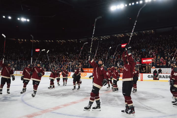 PWHL Montreal celebrates a win on home ice. (Photo Cred: PWHL)