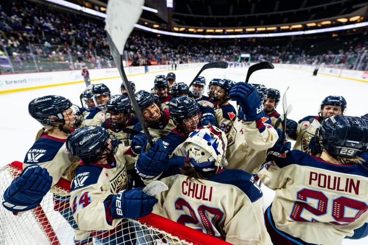 Montreal Victoire skaters celebrating a win